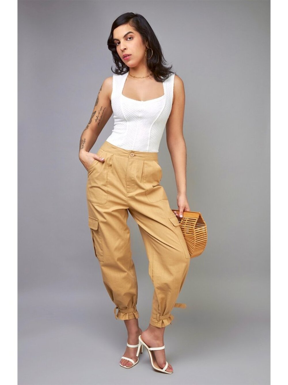 Linen Blend Khaki Cargo Pencil Pants